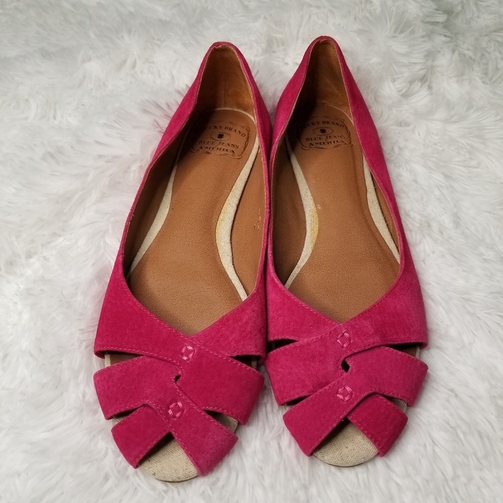 Lucky Brand pink suede criss cross peep toe flats